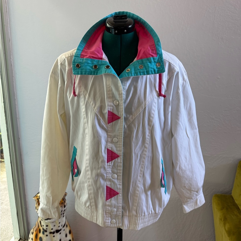 80’s Vintage White Jacket with Pink and Teal Accents S to M